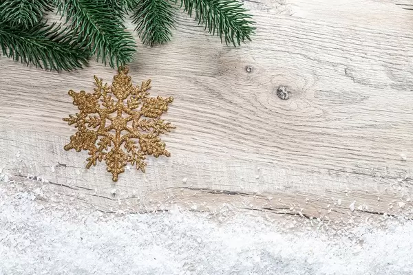 Christmas background with Christmas tree branches, snow and golden snowflake (Flip 2019)