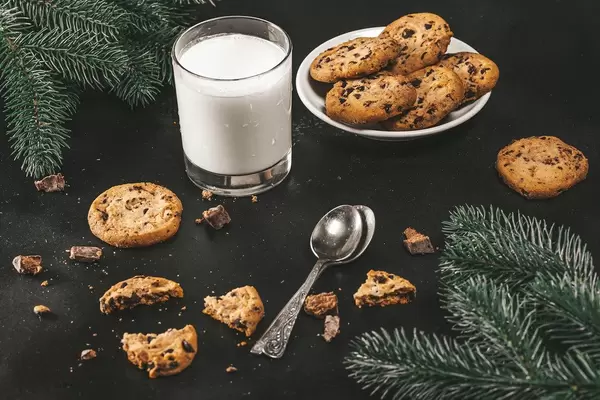 Christmas background with glass of milk and homemade chocolate cookies (Flip 2019)