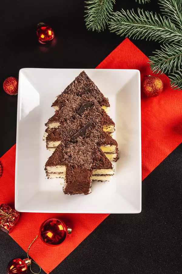 Christmas cake with chocolate on a dark background with a red napkin