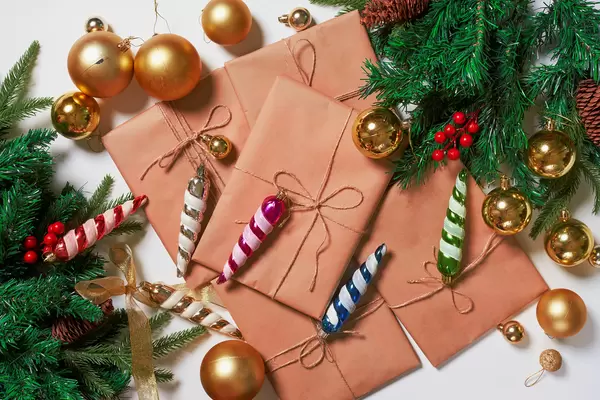 Christmas decor background with gift boxes and Xmas toys