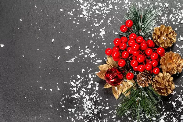 Christmas decor on black background with snow and free space (Flip 2019)