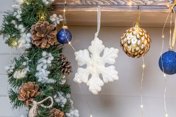 Christmas decor-snowflake, balls, tree branches, cones and garlands