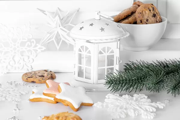 Christmas decor with lantern and cookies