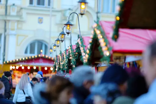 Christmas fair huts and many people  (Flip 2019)