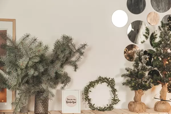 Christmas home decor with wreath and branches xmas tree