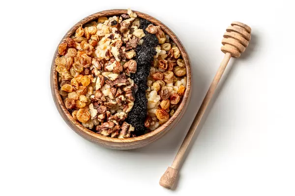 Christmas traditional porridge kutya on white, top view