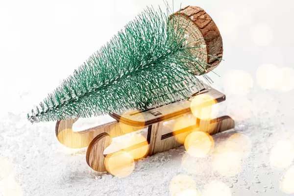 Christmas tree on a wooden sleigh on the background of snow. Christmas background with bokeh (Flip 2019)