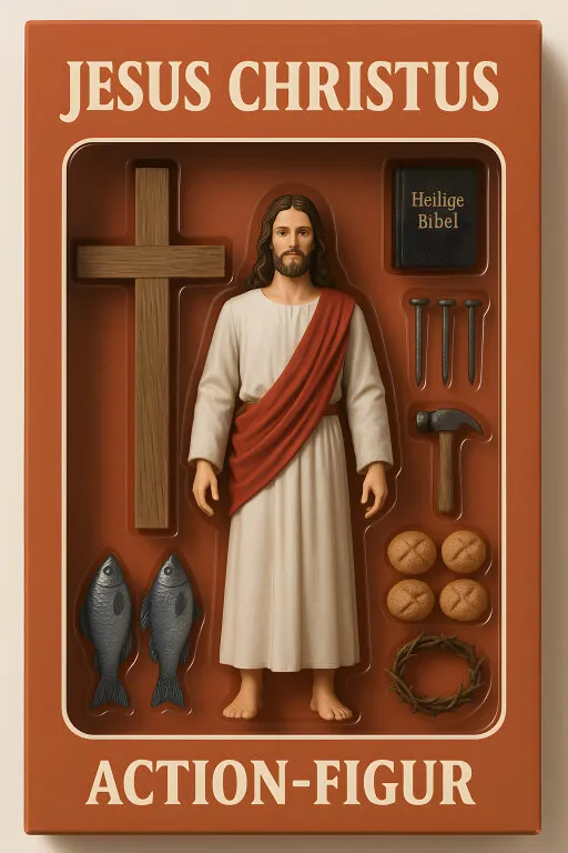 Christusfigur mit Kreuz, Bibel und Fischen