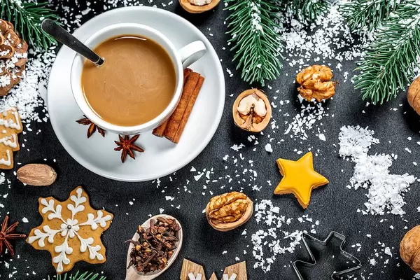 Chrsitmas break with coffee, christmas cookies and nuts