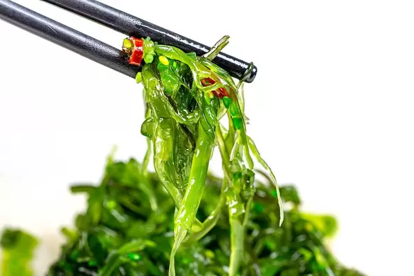 Chuka salad on black chopsticks, close-up