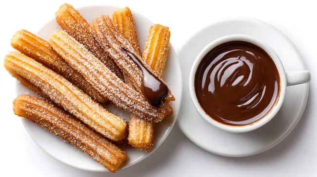Churros mit Schokoladensoße - Köstliches Dessert-Foto