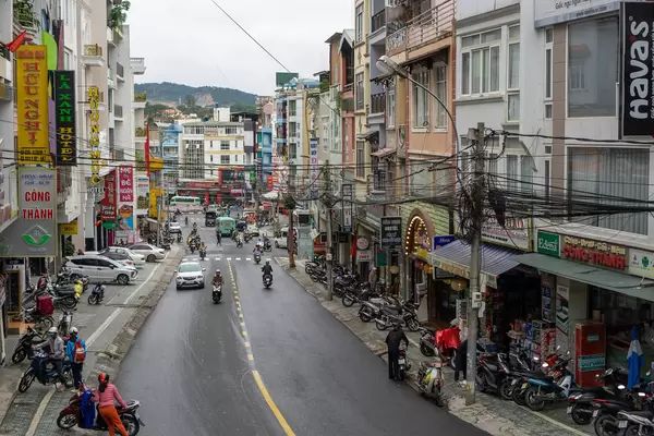 City View with many Cars and Motorbikes of a Cafe in Dalat, Vietnam