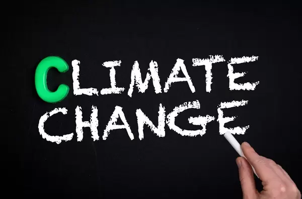 Climate change text on blackboard