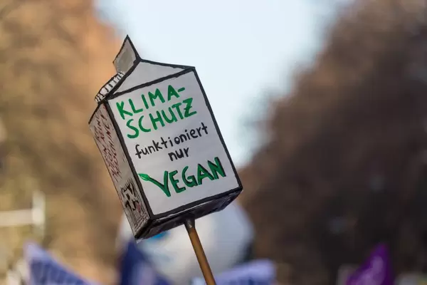 Climate protection is only possible vegan on a big milk box at Fridays for Future in Cologne