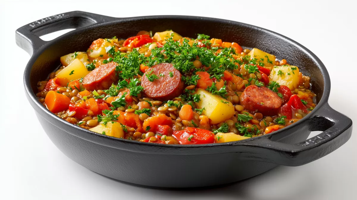 Clints Linseneintopf mit Wiener Würstchen in Gusseisenpfanne