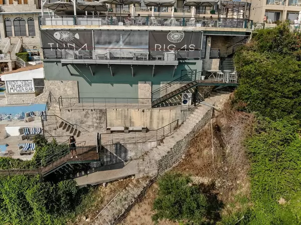 Close-up aerial shot of Rigas hotel in Afitos, Greece