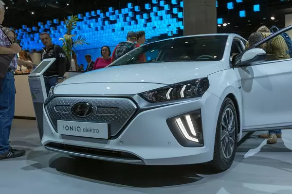 Close-up & front view of IONIQ Elektro - electric car by Hyundai with Emergency brake assistant and pedestrian detection due to SmartSense-Technology