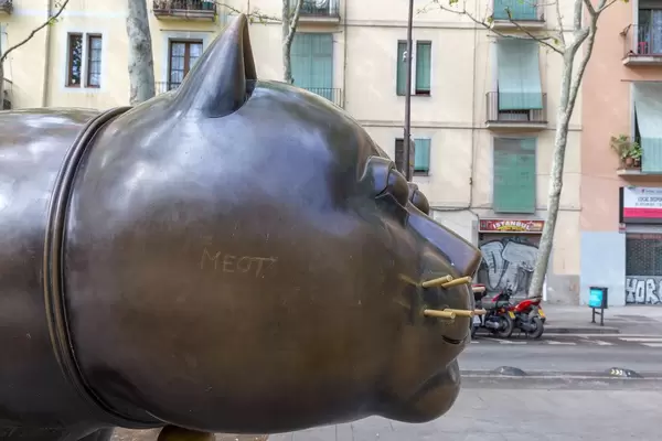 Close-up and side profil of the cat statue El Gato de Botero with moustache hair at Rambla de Raval Square in Barcelona, Spain