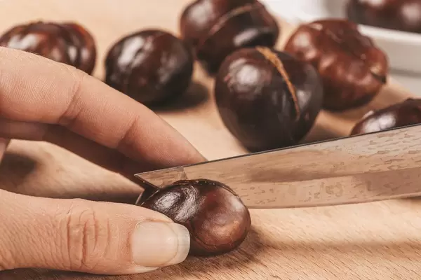Close up cutting a chestnut with a knife
