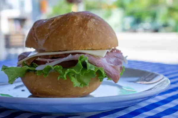 Close Up Food Photo of Bread Roll Sandwich with Cheese, Ham, Tomato, Cucumber, Lettuce and Remoulade Sauce on a White Plate