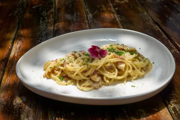 Close Up Food Photo of Spaghetti Carbonara with Bacon, Grated Parmesan Cheese, Mushrooms, Onions and Herbs on a White Ceramic Plate in the Sun