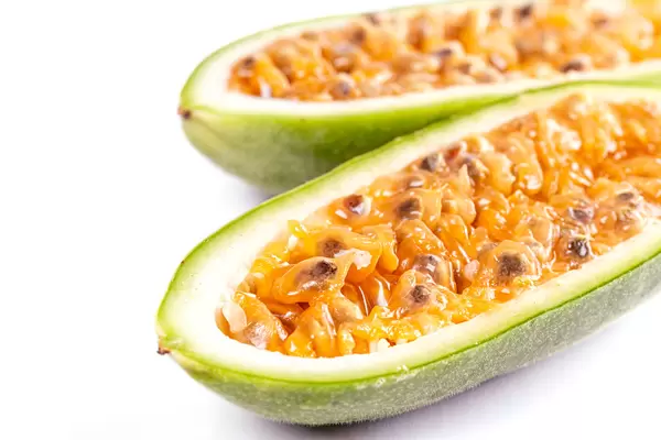 Close-up, halves of juicy curuba fruit