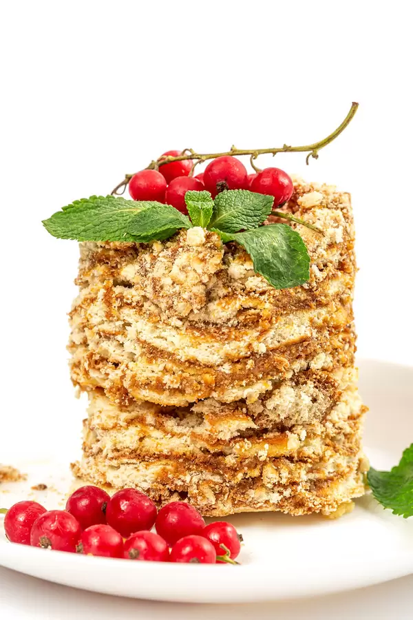 Close-up, honey cake with condensed milk and red currant