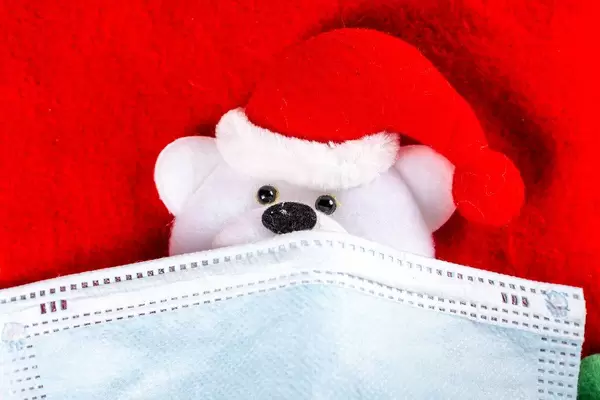 Close-up, mask on the face of a toy bear in a Santa hat