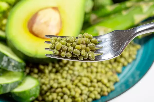 Close-up of a green mung on a fork