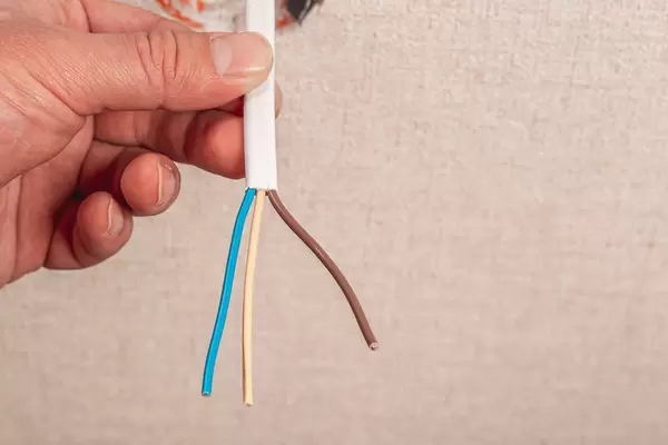 Close-up of a man's hand holding cables to install an outlet