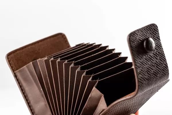 Close-up of a new empty leather holder for cards