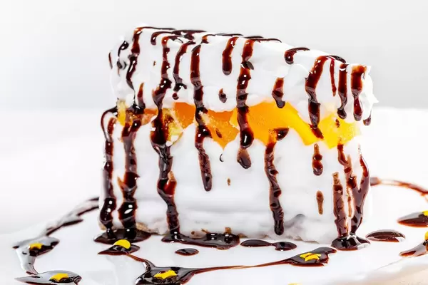 Close-up of a piece of white cake with chocolate icing (Flip 2019)