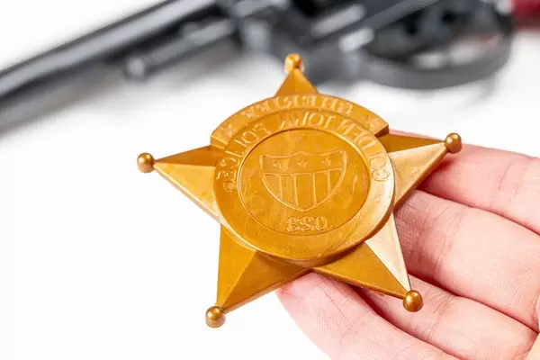 Close-up of a plastic toy police badge in hand (Flip 2020)