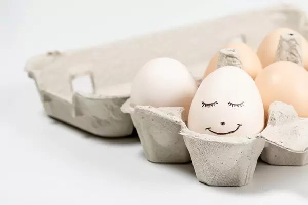 Close- up of a smiling face painted on a chicken egg