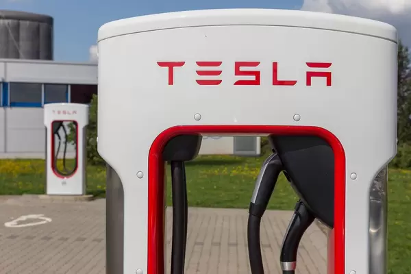 Close-up of a Tesla Supercharger e-charging station