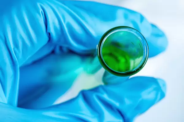 Close-up of a test tube with a solution in hand. Top view