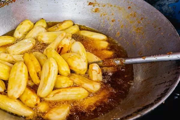 Close up of bananas cooked in sugar syrup