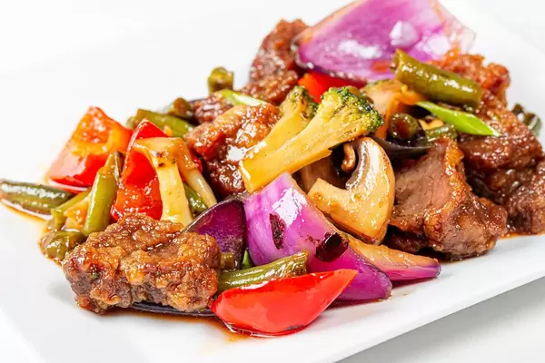 Close-up of beef baked with vegetables and mushrooms (Flip 2020)