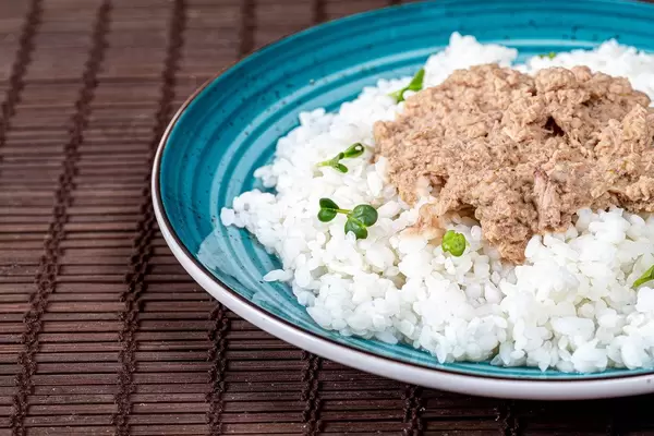 Close up of boiled rice with tuna (Flip 2019)
