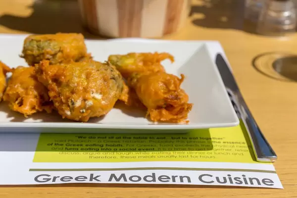 Close-up of deep-fried broccoli with dip at Aelia Restaurant Kassandra