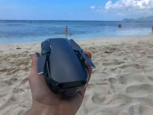 Close up of DJI Mavic Air Drone on Anse Source d'Argent Beach in La Digue, Seychelles in February 2019