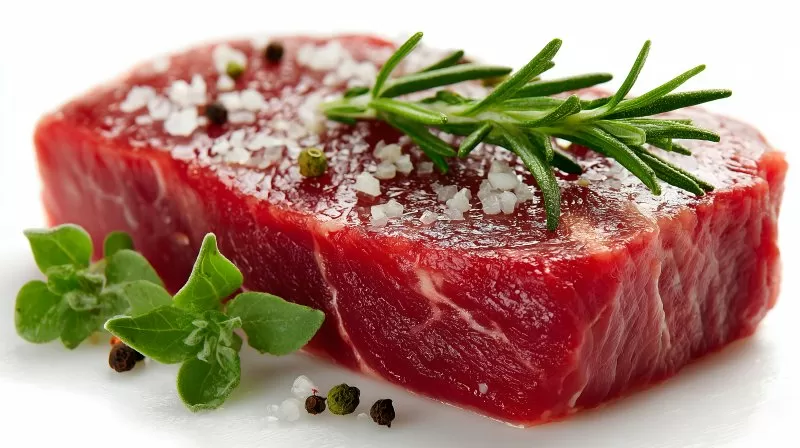 Close-up of fresh raw beef steak on white background