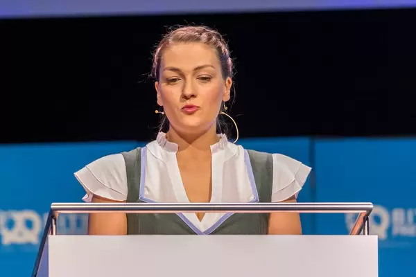 Close-up of German CSU politician and Bavarian State Minister for digital affairs Judith Gerlach during her speech at the founding fair in Munich