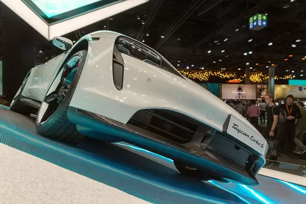 Close-up of grille of e-car Taycan Turbo S by Porsche, exhibited at car show IAA