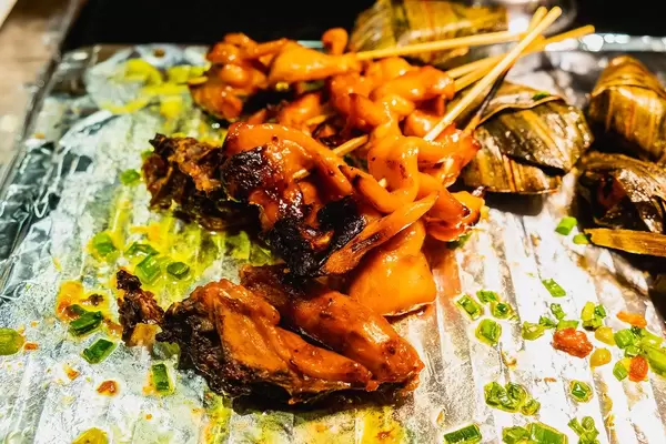 Close up of grilled chicken on a stick