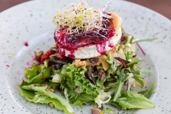 Close-up of grilled goat cheese with salad, sprouts, red berries dressing, walnuts. Q11, Pollença, Majorca