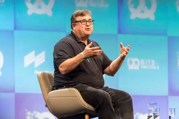 Close-up of Linkedin executive chairman and investor Reid Hoffman talking to international audience at German bits19 festival in Munich