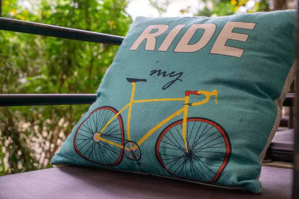 Close Up of Pillow with Words 'Ride my' and a Road Bike Print