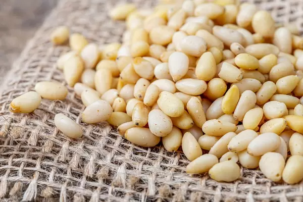 Close-up of pine nuts on burlap (Flip 2020)