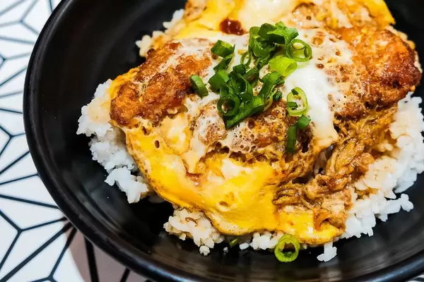 Close up of pork katsudon dish